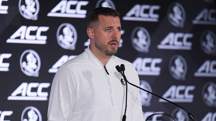 Oct 7, 2026; Charlotte, NC, USA; Florida State Seminoles head coach Luke Loucks answer questions from the media during the ACC Tip-Off in Charlotte, NC. Mandatory Credit: Jim Dedmon-Imagn Images