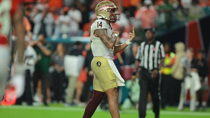 Oct 17, 2026; Miami Gardens, Florida, USA; Florida State Seminoles quarterback Ashton Daniels (14) reacts after a touchdown during the second quarter against the Miami Hurricanes at Hard Rock Stadium. Mandatory Credit: Sam Navarro-Imagn Images Oct 17, 2026; Miami Gardens, Florida, USA; Florida State Seminoles quarterback Ashton Daniels (14) reacts after a touchdown during the second quarter against the Miami Hurricanes at Hard Rock Stadium. Mandatory Credit: Sam Navarro-Imagn Images