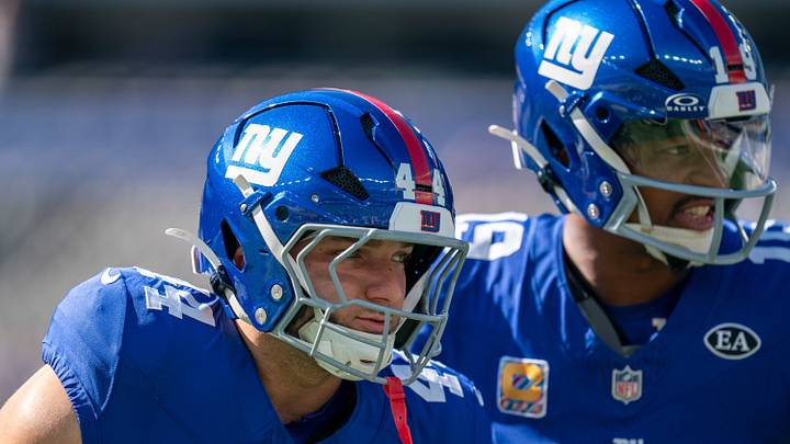 New York Giants quarterback Jameis Winston (19) and New York Giants running back Cam Skattebo (44) warm up together during a week 6 NFL football game between New York Giants and New Orleans Saints on Sunday, Oct. 18, 2026, at MetLife Stadium in East Rutherford, NJ.