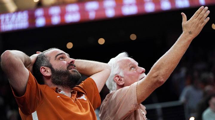 Feb 17, 2026; Austin, Texas, USA; Texas Longhorns fans react to a close game against the LSU Tigers at the end of the second half at Moody Center. Mandatory Credit: Dustin Safranek-Imagn Images