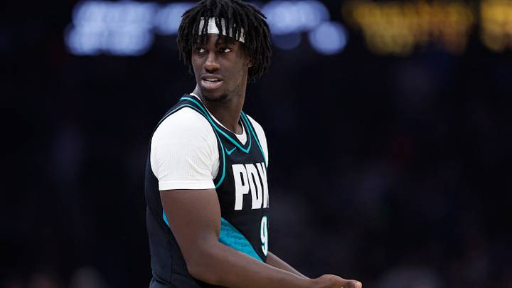 Dec 31, 2025; Oklahoma City, Oklahoma, USA; Portland Trail Blazers guard Sidy Cissoko (91) reacts after a play against the Oklahoma City Thunder during the second quarter at Paycom Center. Mandatory Credit: Alonzo Adams-Imagn Images