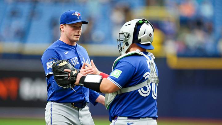 Aug 20, 2026; St. Petersburg, Florida, USA; Toronto Blue Jays pitcher Louis Varland (77) and catcher Alejandro Kirk (30) react after beating the Tampa Bay Rays at Tropicana Field. Mandatory Credit: Nathan Ray Seebeck-Imagn Images Aug 20, 2026; St. Petersburg, Florida, USA; Toronto Blue Jays pitcher Louis Varland (77) and catcher Alejandro Kirk (30) react after beating the Tampa Bay Rays at Tropicana Field. Mandatory Credit: Nathan Ray Seebeck-Imagn Images