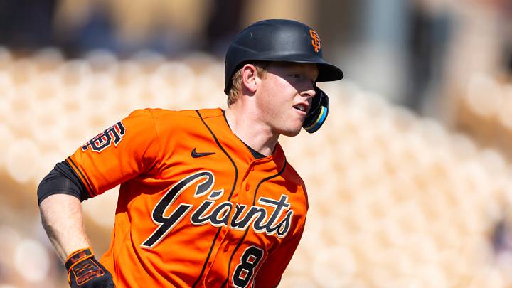 Phoenix, Arizona, USA; San Francisco Giants third baseman Parks Harber against the Chicago White Sox during a spring training game at Camelback Ranch-Glendale. Mandatory Credit: Mark J. Rebilas-Imagn Images