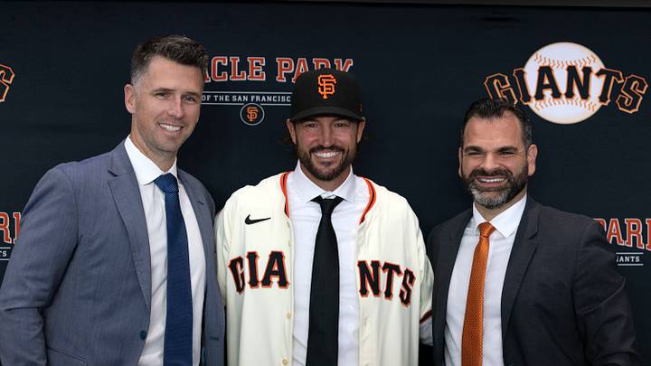 Oct 30, 2025; San Francisco, CA, USA;  Tony Vitello (center) is introduced as the new manager of the San Francisco Giants by president of baseball operations Buster Posey (left) and general manager Zack Minasian at Oracle Park. Mandatory Credit: D. Ross Cameron-Imagn Images