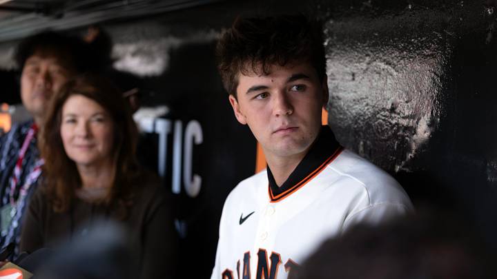 Jul 29, 2026; San Francisco, California, USA; San Francisco Giants first round draft pick Jackson Flora meets with the media before the Giants take on the Milwaukee Brewers at Oracle Park. Mandatory Credit: D. Ross Cameron-Imagn Images