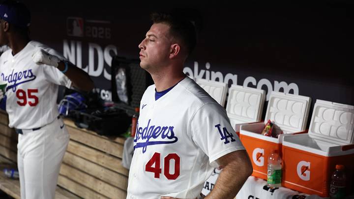 Los Angeles, California, USA;  Los Angeles Dodgers pitcher Kris Bubic (40) reacts in the dugout during the fifth inning against the Atlanta Braves in game two of the NLDS for the 2026 MLB Playoffs at Uniqlo Field at Dodger Stadium.  Mandatory Credit: Kiyoshi Mio-Imagn Images