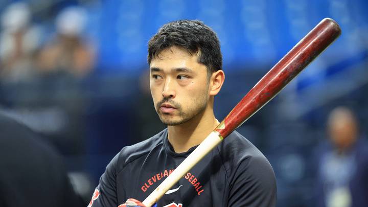 Oct 13, 2026; St. Petersburg, Florida, USA;  Cleveland Guardians outfielder Steven Kwan (38) looks on during batting practice  before game two of the ALCS against the Tampa Bay Rays in the 2026 MLB Playoffs at Tropicana Field.  Mandatory Credit: Kim Klement Neitzel-Imagn Images