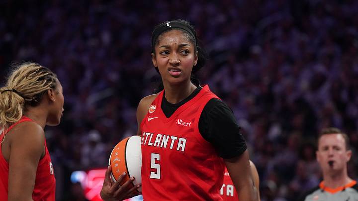 Oct 19, 2026; San Francisco, California, USA;  Atlanta Dream forward Angel Reese (5) reacts after being fouled by the Golden State Valkyries in the third quarter of game two of the 2026 WNBA Finals at Chase Center.  Mandatory Credit: David Gonzales-Imagn Images