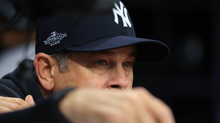 Oct 3, 2026; St. Petersburg, Florida, USA; New York Yankees manager Aaron Boone looks on from the dugout in the second inning in game one of the ALDS for the 2026 MLB Playoffs against the Tampa Bay Rays at Tropicana Field. Mandatory Credit: Kim Klement Neitzel-Imagn Images Oct 3, 2026; St. Petersburg, Florida, USA; New York Yankees manager Aaron Boone looks on from the dugout in the second inning in game one of the ALDS for the 2026 MLB Playoffs against the Tampa Bay Rays at Tropicana Field. Mandatory Credit: Kim Klement Neitzel-Imagn Images