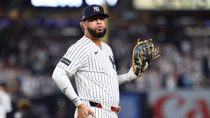 Sep 30, 2026; Bronx, New York, USA;  New York Yankees first baseman Luis Garcia Jr. (26) looks on in the first inning against the Boston Red Sox during game two of the Wildcard round for the 2026 MLB Playoffs at Yankee Stadium.  Mandatory Credit: Vincent Carchietta-Imagn Images
