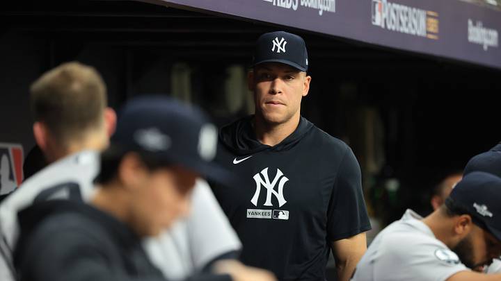 Oct 3, 2026; St. Petersburg, Florida, USA;  New York Yankees outfielder Aaron Judge (99) looks on from the dugout in the third inning against the Tampa Bay Rays in game one of the ALDS for the 2026 MLB Playoffs at Tropicana Field.  Mandatory Credit: Kim Klement Neitzel-Imagn Images