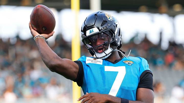 Jacksonville Jaguars wide receiver Brian Thomas Jr. (7) tosses the ball during the third day of NFL Training Camp at the Miller Electric Center on Friday, July 31, 2026, in Jacksonville, Fla.
