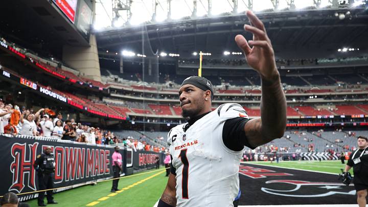 Sep 20, 2026; Houston, Texas, USA;  Cincinnati Bengals wide receiver Ja'Marr Chase (1) celebrates after defeating the Houston Texans at Reliant Stadium.  Mandatory Credit: Troy Taormina-Imagn Images