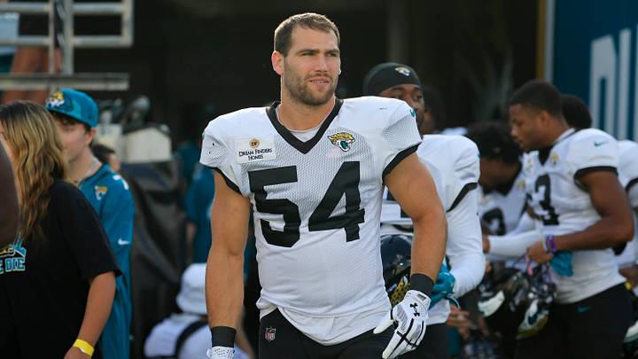 Jacksonville Jaguars linebacker Jack Kiser (54) walks on the field during an NFL scrimmage event at EverBank Stadium, Friday, Aug. 1, 2025, in Jacksonville, Fla. [Corey Perrine/Florida Times-Union]
