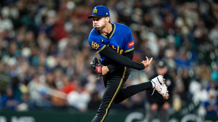 Mar 27, 2026; Seattle, Washington, USA; Seattle Mariners reliever Matt Brash (47) delivers a pitch during the eighth inning against the Cleveland Guardians at T-Mobile Park. Mandatory Credit: Stephen Brashear-Imagn Images