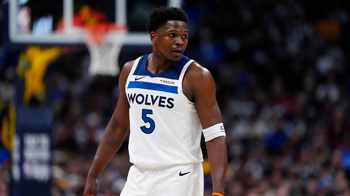 Apr 20, 2026; Denver, Colorado, USA; Minnesota Timberwolves guard Anthony Edwards (5) during the first quarter against the Denver Nuggets during game two of the first round of the 2026 NBA Playoffs at Ball Arena. Mandatory Credit: Ron Chenoy-Imagn Images