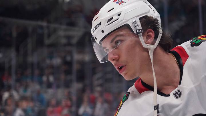 Apr 6, 2026; San Jose, California, USA;  Chicago Blackhawks center Connor Bedard (98) warms up before the game against the San Jose Sharks at SAP Center at San Jose. Mandatory Credit: David Gonzales-Imagn Images