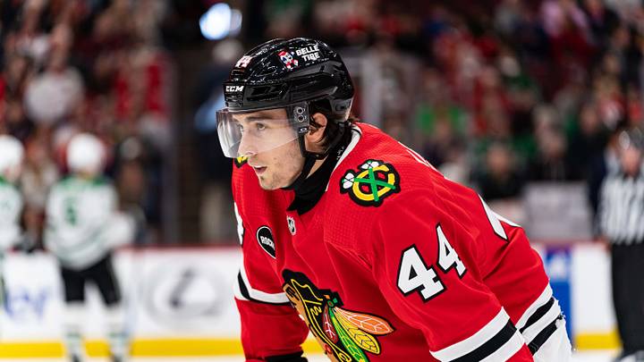 Apr 6, 2024; Chicago, Illinois, USA; Chicago Blackhawks defenseman Wyatt Kaiser (44) during a break in the action against the Dallas Stars during the first period at United Center. Mandatory Credit: Seeger Gray-USA TODAY Sports