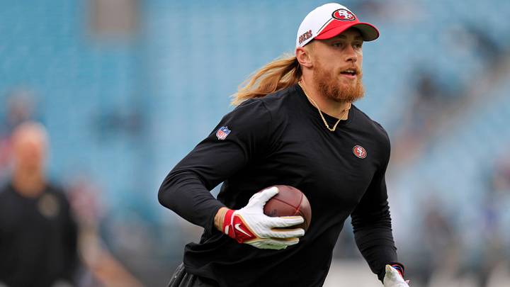 San Francisco 49ers tight end George Kittle (85) runs the ball before an NFL football game Sunday, Nov. 12, 2023 at EverBank Stadium in Jacksonville, Fla. [Corey Perrine/Florida Times-Union]
