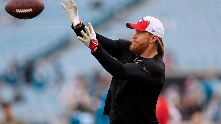 San Francisco 49ers tight end George Kittle (85) catches a pass before an NFL football game Sunday, Nov. 12, 2023 at EverBank Stadium in Jacksonville, Fla. [Corey Perrine/Florida Times-Union]