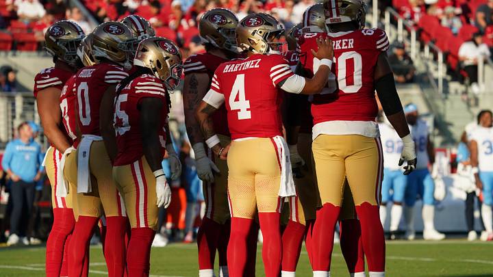 Aug 13, 2026; Santa Clara, California, USA; San Francisco 49ers quarterback Adrian Martinez (4) waits to call a play in the huddle during the second quarter against the Tennessee Titans at Levi's Stadium. Mandatory Credit: David Gonzales-Imagn Images Aug 13, 2026; Santa Clara, California, USA; San Francisco 49ers quarterback Adrian Martinez (4) waits to call a play in the huddle during the second quarter against the Tennessee Titans at Levi's Stadium. Mandatory Credit: David Gonzales-Imagn Images