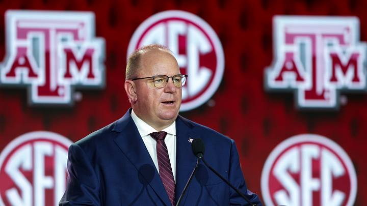 Jul 22, 2026; Tampa, FL, USA; Texas A&M Aggies head coach Mike Elko speaks to the press during SEC Football Kickoff Media Day at the Tampa Marriott. Mandatory Credit: Nathan Ray Seebeck-Imagn Images