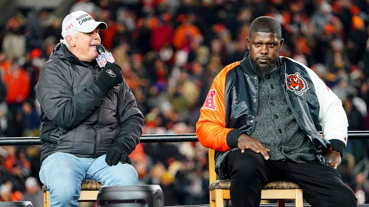 Former Cincinnati Bengals quarterback Ken Anderson, left, and offensive tackle Willie Anderson answer questions at a question and answer session during the Super Bowl LVI Opening Night Fan Rally on Feb. 7, 2022, at Paul Brown Stadium. Former Cincinnati Bengals quarterback Ken Anderson, left, and offensive tackle Willie Anderson answer questions at a question and answer session during the Super Bowl LVI Opening Night Fan Rally on Feb. 7, 2022, at Paul Brown Stadium.
