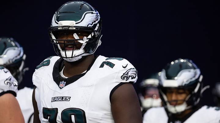 Aug 22, 2026; Foxborough, Massachusetts, USA; Philadelphia Eagles offensive lineman Myles Hinton (78) walks onto the field before the game against the New England Patriots at Gillette Stadium. Mandatory Credit: Edward Finan-Imagn Images