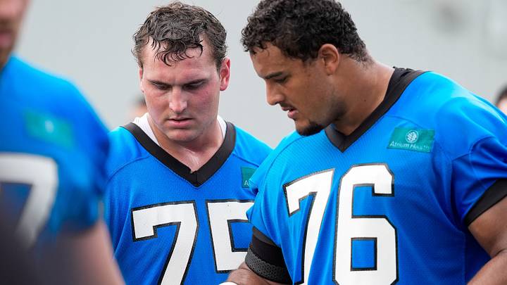 Jun 9, 2026; Charlotte, NC, USA; Carolina Panthers guard Sam Hecht (75) and tackle Albert Reese IV (76) grab some pickle juice during the first day of mini camp at Bank of America Stadium practice facility. Mandatory Credit: Jim Dedmon-Imagn Images Jun 9, 2026; Charlotte, NC, USA; Carolina Panthers guard Sam Hecht (75) and tackle Albert Reese IV (76) grab some pickle juice during the first day of mini camp at Bank of America Stadium practice facility. Mandatory Credit: Jim Dedmon-Imagn Images