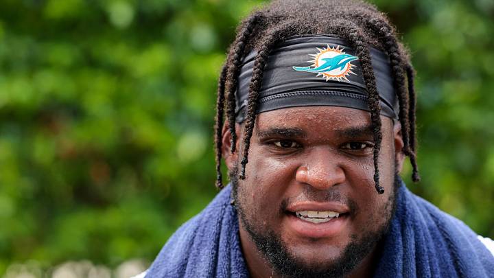 Miami Dolphins defensive tackle Kenneth Grant (78) speaks to reporters after practice at the Baptist Health Training Complex. Miami Dolphins defensive tackle Kenneth Grant (78) speaks to reporters after practice at the Baptist Health Training Complex.