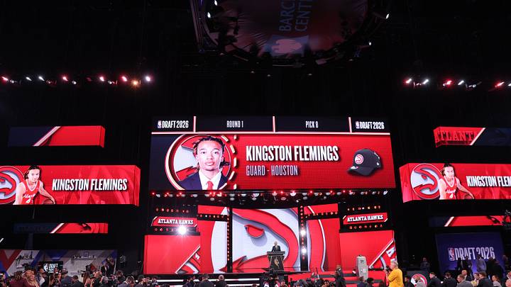 Jun 23, 2026; New York, NY, USA; NBA commissioner Adam Silver announces the eighth pick in the 2026 NBA draft, Houston guard Kingston Flemings after he was selected by the Atlanta Hawks at Barclays Center. Mandatory Credit: Brad Penner-Imagn Images