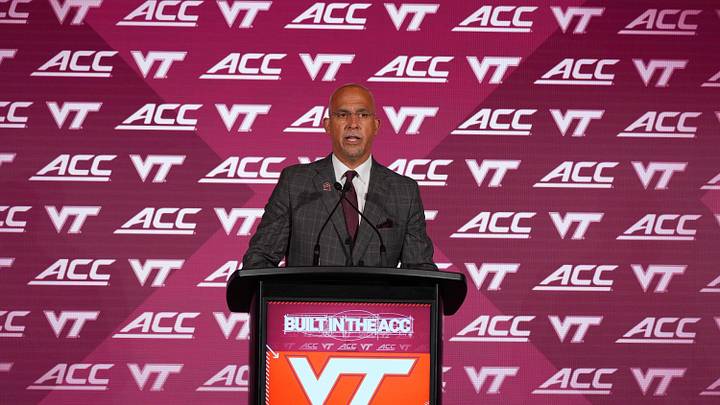 Jul 16, 2026; Charlotte, NC, USA; Virginia Tech head coach James Franklin speaks to the media during Media Day at Hilton Charlotte Uptown. Mandatory Credit: Jim Dedmon-Imagn Images Jul 16, 2026; Charlotte, NC, USA; Virginia Tech head coach James Franklin speaks to the media during Media Day at Hilton Charlotte Uptown. Mandatory Credit: Jim Dedmon-Imagn Images