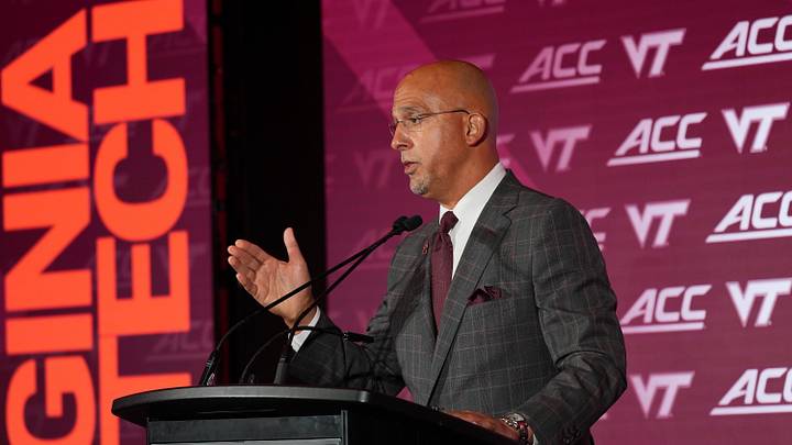 Jul 16, 2026; Charlotte, NC, USA; Virginia Tech head coach James Franklin speaks to the media during Media Day at Hilton Charlotte Uptown. Mandatory Credit: Jim Dedmon-Imagn Images Jul 16, 2026; Charlotte, NC, USA; Virginia Tech head coach James Franklin speaks to the media during Media Day at Hilton Charlotte Uptown. Mandatory Credit: Jim Dedmon-Imagn Images