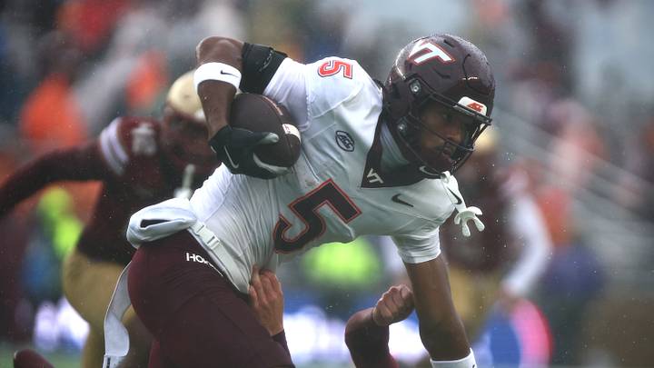 Sep 26, 2026; Chestnut Hill, Massachusetts, USA;  Virginia Tech Hokies wide receiver Marlion Jackson (5) runs in the first half against the Boston College Eagles at Alumni Stadium.  Mandatory Credit: Edward Finan-Imagn Images