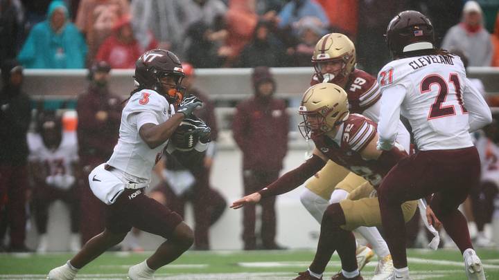 Sep 26, 2026; Chestnut Hill, Massachusetts, USA;  Virginia Tech Hokies wide receiver Que'Sean Brown (3) returns a kick in the first half against the Boston College Eagles at Alumni Stadium.  Mandatory Credit: Edward Finan-Imagn Images