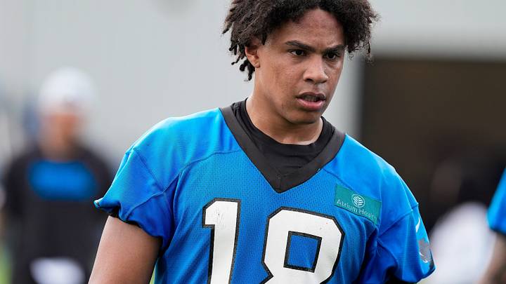 Carolina Panthers wide receiver Jalen Coker (18) walks off the field during the first day Carolina Panthers wide receiver Jalen Coker (18) walks off the field during the first day