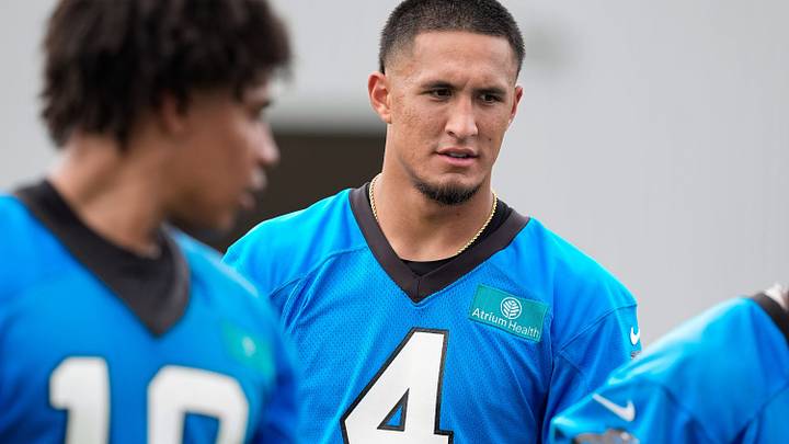 Carolina Panthers wide receiver Tetairoa McMillan (4) walks off the field during the first day of mini camp 