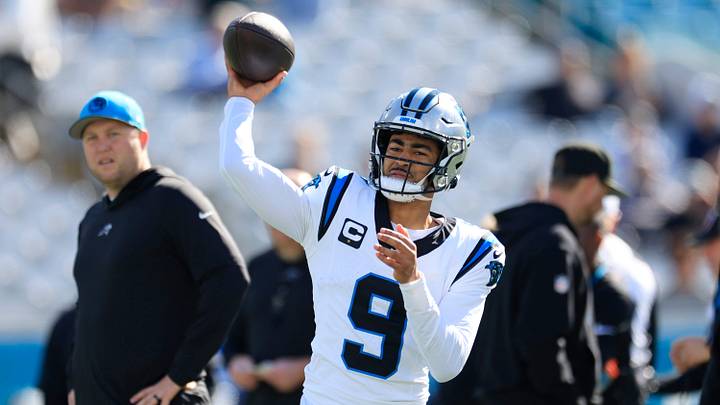 Carolina Panthers quarterback Bryce Young (9) warms up before a regular season NFL football matchup Sunday, Carolina Panthers quarterback Bryce Young (9) warms up before a regular season NFL football matchup Sunday,