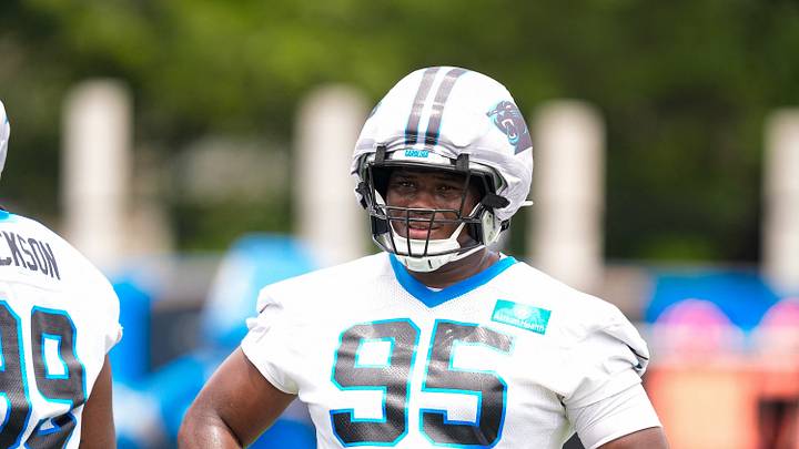 Jun 9, 2026; Charlotte, NC, USA; Carolina Panthers defensive end Derrick Brown (95) during th first day of mini camp at Bank of America Stadium practice facility. Mandatory Credit: Jim Dedmon-Imagn Images Jun 9, 2026; Charlotte, NC, USA; Carolina Panthers defensive end Derrick Brown (95) during th first day of mini camp at Bank of America Stadium practice facility. Mandatory Credit: Jim Dedmon-Imagn Images