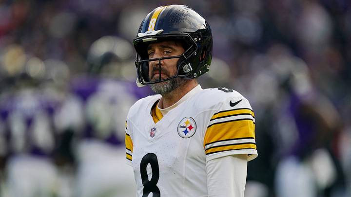 Dec 7, 2025; Baltimore, Maryland, USA; Pittsburgh Steelers quarterback Aaron Rodgers (8) reacts after a play against the Baltimore Ravens during the second half at M&T Bank Stadium. Mandatory Credit: Mitch Stringer-Imagn Images