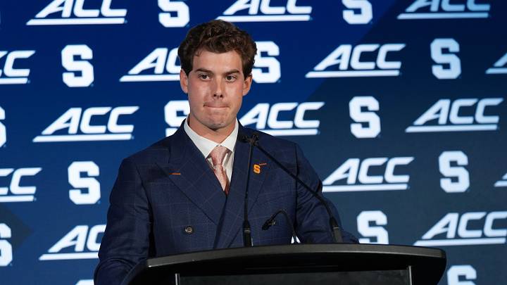 Jul 16, 2026; Charlotte, NC, USA; Syracuse quarterback Steve Angeli speaks to the media during Media Day at Hilton Charlotte Uptown. Mandatory Credit: Jim Dedmon-Imagn Images Jul 16, 2026; Charlotte, NC, USA; Syracuse quarterback Steve Angeli speaks to the media during Media Day at Hilton Charlotte Uptown. Mandatory Credit: Jim Dedmon-Imagn Images