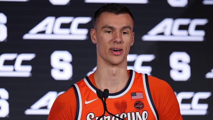 Oct 7, 2026; Charlotte, NC, USA; Syracuse Orange Gavin Doty (4) answers questions from the media during the ACC Tip-Off in Charlotte, NC. Mandatory Credit: Jim Dedmon-Imagn Images