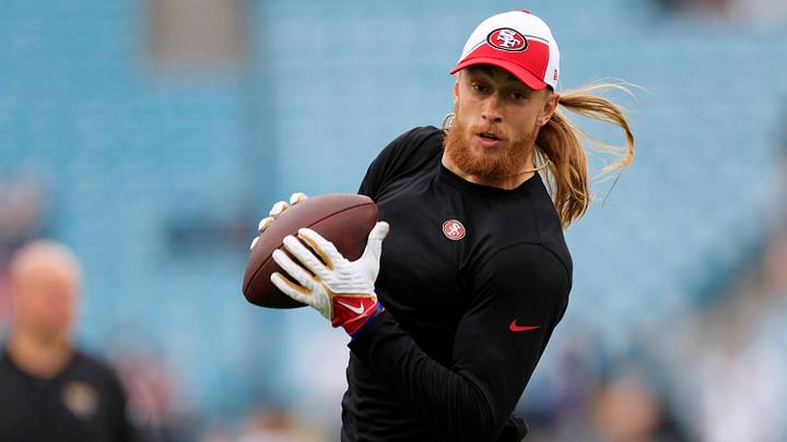 San Francisco 49ers tight end George Kittle (85) catches a pass before an NFL football game Sunday, Nov. 12, 2023 at EverBank Stadium in Jacksonville, Fla. [Corey Perrine/Florida Times-Union]