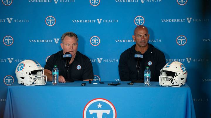 Tennessee Titans General Manager Mike Borgonzi, left, and Coach Robert Saleh address the media the day before training camp begins at Vanderbilt Health Football Center Tuesday, July 28, 2026. Tennessee Titans General Manager Mike Borgonzi, left, and Coach Robert Saleh address the media the day before training camp begins at Vanderbilt Health Football Center Tuesday, July 28, 2026.