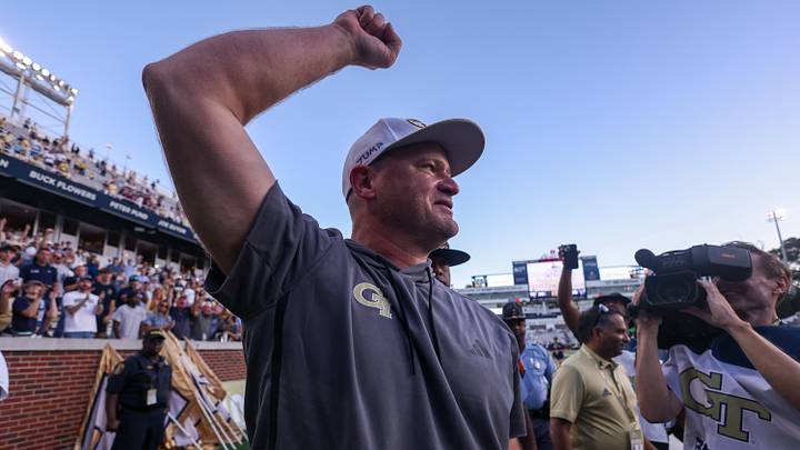 Oct 11, 2025; Atlanta, Georgia, USA; Georgia Tech Yellow Jackets head coach Brent Key celebrates after a victory over the Virginia Tech Hokies at Bobby Dodd Stadium at Hyundai Field. Mandatory Credit: Brett Davis-Imagn Images