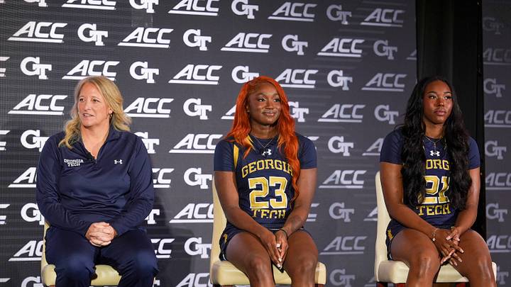 Oct 6, 2026; Charlotte, NC, USA; Georgia Tech Yellow Jackets head coach Karen Blair, La'Nya Foster and Talayah Walker answer questions from the media during the ACC Basketball Tip-Off in Charlotte, NC. Mandatory Credit: Jim Dedmon-Imagn Images Oct 6, 2026; Charlotte, NC, USA; Georgia Tech Yellow Jackets head coach Karen Blair, La'Nya Foster and Talayah Walker answer questions from the media during the ACC Basketball Tip-Off in Charlotte, NC. Mandatory Credit: Jim Dedmon-Imagn Images