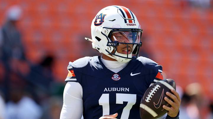 Sep 26, 2026; Auburn, Alabama, USA;  Auburn Tigers quarterback Byrum Brown (17) warms up before a game against the Vanderbilt Commodores at Jordan-Hare Stadium.  Mandatory Credit: John Reed-Imagn Images