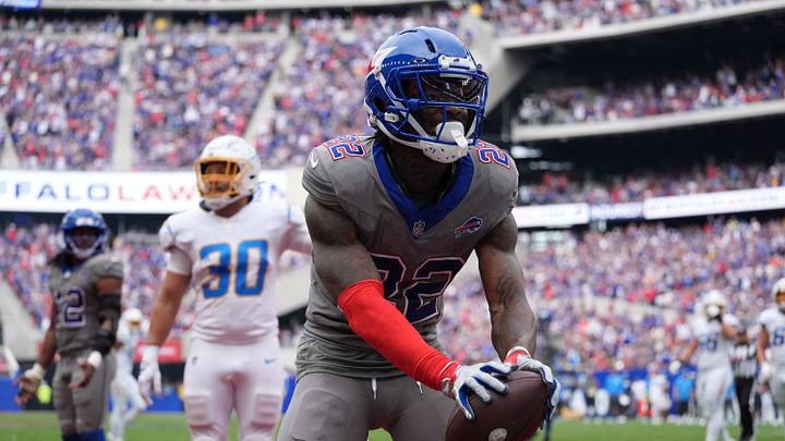 Sep 27, 2026; Orchard Park, New York, USA;  Buffalo Bills safety C.J. Gardner-Johnson (22) returns an interception for 41 yards during the fourth quarter against the Los Angeles Chargers 