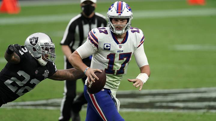 Oct 4, 2020; Paradise, Nevada, USA; Buffalo Bills' quarterback Josh Allen (17) throws the ball under pressure from former Las Vegas Raiders' cornerback Keisean Nixon (22) in the second quarter at Allegiant Stadium. Oct 4, 2020; Paradise, Nevada, USA; Buffalo Bills' quarterback Josh Allen (17) throws the ball under pressure from former Las Vegas Raiders' cornerback Keisean Nixon (22) in the second quarter at Allegiant Stadium.