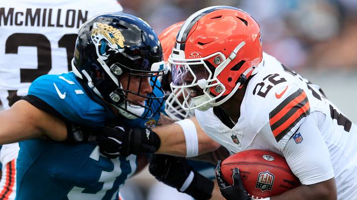 Jacksonville Jaguars linebacker Jahlani Tavai (31) tackles Cleveland Browns running back Dylan Sampson (22) during the first quarter of an NFL football matchup at EverBank Stadium on Sunday, Sept. 13, 2026, in Jacksonville, Fla. The Jaguars defeated the Browns 34-10. [Corey Perrine/Florida Times-Union]